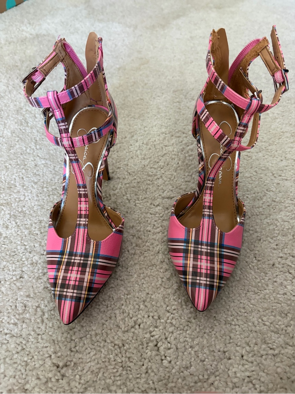 Jessica Simpson Pink Plaid Pointed T-Strap Heels